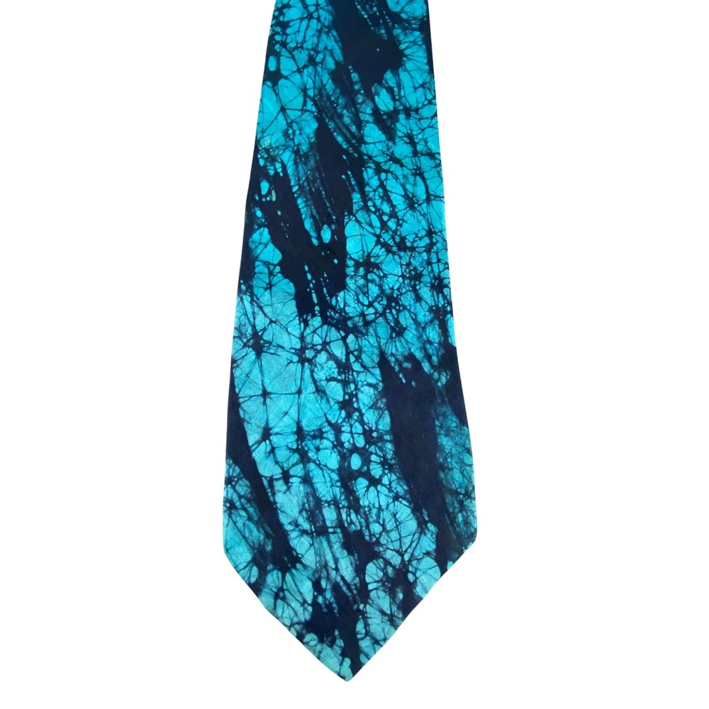 Hanfabs Mens Tie Silk Batik Abstract Turquoise Black Crackled Wax Print 56.5x4